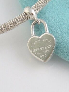 Tiffany & Co. Sterling Silver Return to Heart Lock Charm Mesh Cuff Bracelet